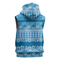 Hawaiian Hibiscus Honu Sleeveless Zip Hoodie Blue Mele Kalikimaka Palaka Spirit - Polynesian Pride