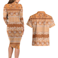 Hawaiian Hibiscus Honu Couples Matching Long Sleeve Bodycon Dress and Hawaiian Shirt Gold Mele Kalikimaka Palaka Spirit - Polynesian Pride