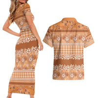 Hawaiian Hibiscus Honu Couples Matching Short Sleeve Bodycon Dress and Hawaiian Shirt Gold Mele Kalikimaka Palaka Spirit - Polynesian Pride