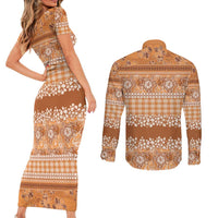 Hawaiian Hibiscus Honu Couples Matching Short Sleeve Bodycon Dress and Long Sleeve Button Shirt Gold Mele Kalikimaka Palaka Spirit - Polynesian Pride