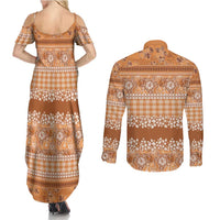 Hawaiian Hibiscus Honu Couples Matching Summer Maxi Dress and Long Sleeve Button Shirt Gold Mele Kalikimaka Palaka Spirit - Polynesian Pride
