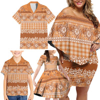 Hawaiian Hibiscus Honu Family Matching Off Shoulder Short Dress and Hawaiian Shirt Gold Mele Kalikimaka Palaka Spirit - Polynesian Pride