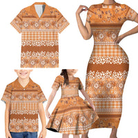 Hawaiian Hibiscus Honu Family Matching Short Sleeve Bodycon Dress and Hawaiian Shirt Gold Mele Kalikimaka Palaka Spirit - Polynesian Pride