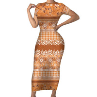 Hawaiian Hibiscus Honu Short Sleeve Bodycon Dress Gold Mele Kalikimaka Palaka Spirit - Polynesian Pride