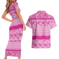 Hawaiian Hibiscus Honu Couples Matching Short Sleeve Bodycon Dress and Hawaiian Shirt Pink Mele Kalikimaka Palaka Spirit - Polynesian Pride