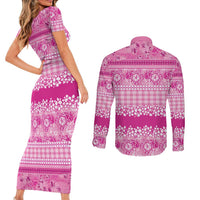 Hawaiian Hibiscus Honu Couples Matching Short Sleeve Bodycon Dress and Long Sleeve Button Shirt Pink Mele Kalikimaka Palaka Spirit - Polynesian Pride
