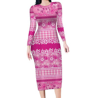 Hawaiian Hibiscus Honu Family Matching Long Sleeve Bodycon Dress and Hawaiian Shirt Pink Mele Kalikimaka Palaka Spirit - Polynesian Pride