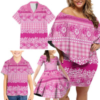 Hawaiian Hibiscus Honu Family Matching Off Shoulder Short Dress and Hawaiian Shirt Pink Mele Kalikimaka Palaka Spirit - Polynesian Pride