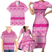 Hawaiian Hibiscus Honu Family Matching Short Sleeve Bodycon Dress and Hawaiian Shirt Pink Mele Kalikimaka Palaka Spirit - Polynesian Pride