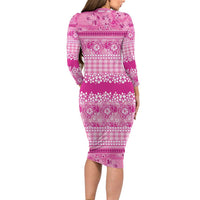 Hawaiian Hibiscus Honu Long Sleeve Bodycon Dress Pink Mele Kalikimaka Palaka Spirit - Polynesian Pride