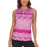 Hawaiian Hibiscus Honu Women Sleeveless Polo Shirt Pink Mele Kalikimaka Palaka Spirit - Polynesian Pride