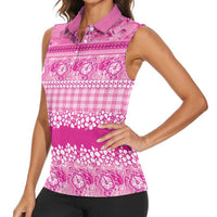 Hawaiian Hibiscus Honu Women Sleeveless Polo Shirt Pink Mele Kalikimaka Palaka Spirit - Polynesian Pride