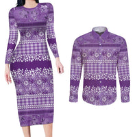 Hawaiian Hibiscus Honu Couples Matching Long Sleeve Bodycon Dress and Long Sleeve Button Shirt Purple Mele Kalikimaka Palaka Spirit - Polynesian Pride