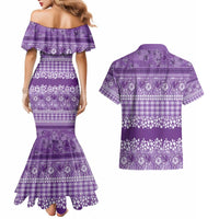 Hawaiian Hibiscus Honu Couples Matching Mermaid Dress and Hawaiian Shirt Purple Mele Kalikimaka Palaka Spirit - Polynesian Pride