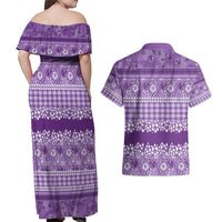 Hawaiian Hibiscus Honu Couples Matching Off Shoulder Maxi Dress and Hawaiian Shirt Purple Mele Kalikimaka Palaka Spirit - Polynesian Pride
