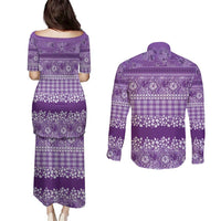 Hawaiian Hibiscus Honu Couples Matching Puletasi and Long Sleeve Button Shirt Purple Mele Kalikimaka Palaka Spirit - Polynesian Pride
