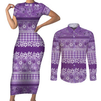 Hawaiian Hibiscus Honu Couples Matching Short Sleeve Bodycon Dress and Long Sleeve Button Shirt Purple Mele Kalikimaka Palaka Spirit LT9 Purple - Polynesian Pride
