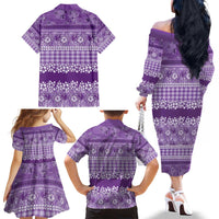 Hawaiian Hibiscus Honu Family Matching Off The Shoulder Long Sleeve Dress and Hawaiian Shirt Purple Mele Kalikimaka Palaka Spirit - Polynesian Pride