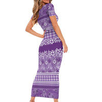 Hawaiian Hibiscus Honu Short Sleeve Bodycon Dress Purple Mele Kalikimaka Palaka Spirit - Polynesian Pride