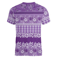 Hawaiian Hibiscus Honu Women V-Neck T-Shirt Purple Mele Kalikimaka Palaka Spirit - Polynesian Pride
