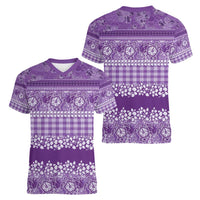 Hawaiian Hibiscus Honu Women V-Neck T-Shirt Purple Mele Kalikimaka Palaka Spirit - Polynesian Pride