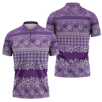 Hawaiian Hibiscus Honu Zipper Polo Shirt Purple Mele Kalikimaka Palaka Spirit - Polynesian Pride