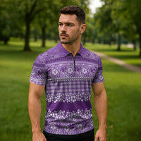 Hawaiian Hibiscus Honu Zipper Polo Shirt Purple Mele Kalikimaka Palaka Spirit - Polynesian Pride
