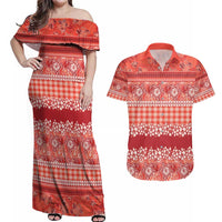 Hawaiian Hibiscus Honu Couples Matching Off Shoulder Maxi Dress and Hawaiian Shirt Red Mele Kalikimaka Palaka Spirit - Polynesian Pride