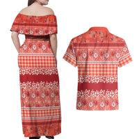 Hawaiian Hibiscus Honu Couples Matching Off Shoulder Maxi Dress and Hawaiian Shirt Red Mele Kalikimaka Palaka Spirit - Polynesian Pride