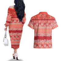 Hawaiian Hibiscus Honu Couples Matching Off The Shoulder Long Sleeve Dress and Hawaiian Shirt Red Mele Kalikimaka Palaka Spirit - Polynesian Pride