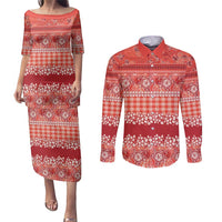 Hawaiian Hibiscus Honu Couples Matching Puletasi and Long Sleeve Button Shirt Red Mele Kalikimaka Palaka Spirit - Polynesian Pride