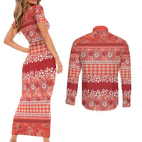 Hawaiian Hibiscus Honu Couples Matching Short Sleeve Bodycon Dress and Long Sleeve Button Shirt Red Mele Kalikimaka Palaka Spirit - Polynesian Pride