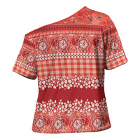 Hawaiian Hibiscus Honu Cross Shoulder Shirt Red Mele Kalikimaka Palaka Spirit LT9 - Polynesian Pride
