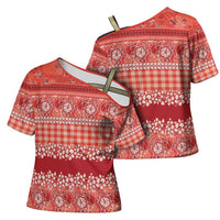 Hawaiian Hibiscus Honu Cross Shoulder Shirt Red Mele Kalikimaka Palaka Spirit LT9 - Polynesian Pride