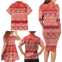 Hawaiian Hibiscus Honu Family Matching Long Sleeve Bodycon Dress and Hawaiian Shirt Red Mele Kalikimaka Palaka Spirit - Polynesian Pride