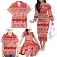 Hawaiian Hibiscus Honu Family Matching Off The Shoulder Long Sleeve Dress and Hawaiian Shirt Red Mele Kalikimaka Palaka Spirit - Polynesian Pride