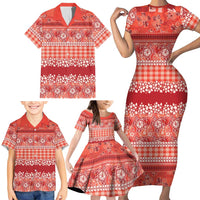 Hawaiian Hibiscus Honu Family Matching Short Sleeve Bodycon Dress and Hawaiian Shirt Red Mele Kalikimaka Palaka Spirit - Polynesian Pride