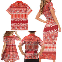 Hawaiian Hibiscus Honu Family Matching Short Sleeve Bodycon Dress and Hawaiian Shirt Red Mele Kalikimaka Palaka Spirit - Polynesian Pride
