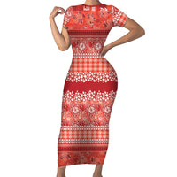 Hawaiian Hibiscus Honu Family Matching Short Sleeve Bodycon Dress and Hawaiian Shirt Red Mele Kalikimaka Palaka Spirit - Polynesian Pride