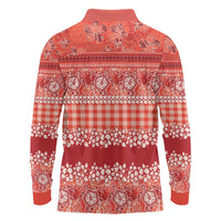 Hawaiian Hibiscus Honu Long Sleeve Polo Shirt Red Mele Kalikimaka Palaka Spirit - Polynesian Pride