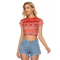 Hawaiian Hibiscus Honu Raglan Cropped T Shirt Red Mele Kalikimaka Palaka Spirit LT9 Female Red - Polynesian Pride