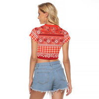Hawaiian Hibiscus Honu Raglan Cropped T Shirt Red Mele Kalikimaka Palaka Spirit LT9 - Polynesian Pride