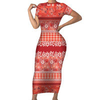 Hawaiian Hibiscus Honu Short Sleeve Bodycon Dress Red Mele Kalikimaka Palaka Spirit - Polynesian Pride