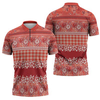 Hawaiian Hibiscus Honu Zipper Polo Shirt Red Mele Kalikimaka Palaka Spirit - Polynesian Pride