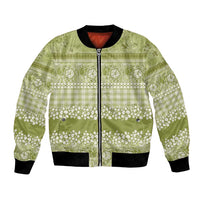 Hawaiian Hibiscus Honu Bomber Jacket Sage Green Mele Kalikimaka Palaka Spirit - Polynesian Pride