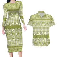Hawaiian Hibiscus Honu Couples Matching Long Sleeve Bodycon Dress and Hawaiian Shirt Sage Green Mele Kalikimaka Palaka Spirit - Polynesian Pride