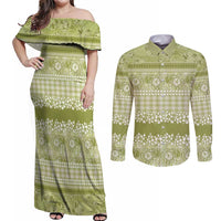 Hawaiian Hibiscus Honu Couples Matching Off Shoulder Maxi Dress and Long Sleeve Button Shirt Sage Green Mele Kalikimaka Palaka Spirit - Polynesian Pride