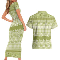 Hawaiian Hibiscus Honu Couples Matching Short Sleeve Bodycon Dress and Hawaiian Shirt Sage Green Mele Kalikimaka Palaka Spirit LT9 - Polynesian Pride