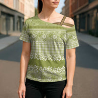 Hawaiian Hibiscus Honu Cross Shoulder Shirt Sage Green Mele Kalikimaka Palaka Spirit LT9 - Polynesian Pride