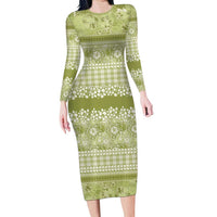 Hawaiian Hibiscus Honu Family Matching Long Sleeve Bodycon Dress and Hawaiian Shirt Sage Green Mele Kalikimaka Palaka Spirit - Polynesian Pride